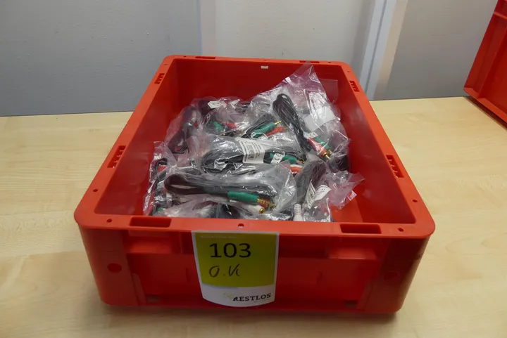 Konvolut Klinke-auf-Cinch-Kabel (Jack 3,5mm auf 2x RCA, 1,8m) Umfang: nur der Inhalt, ohne Kiste